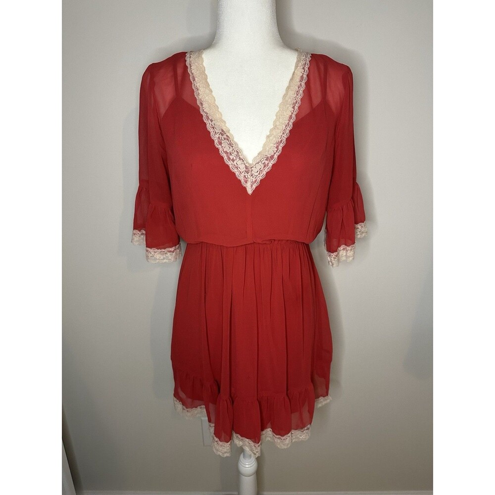 BCBGeneration Dress Short Sleeve Lace Trim Red Sz S Boho Western NWT #1332